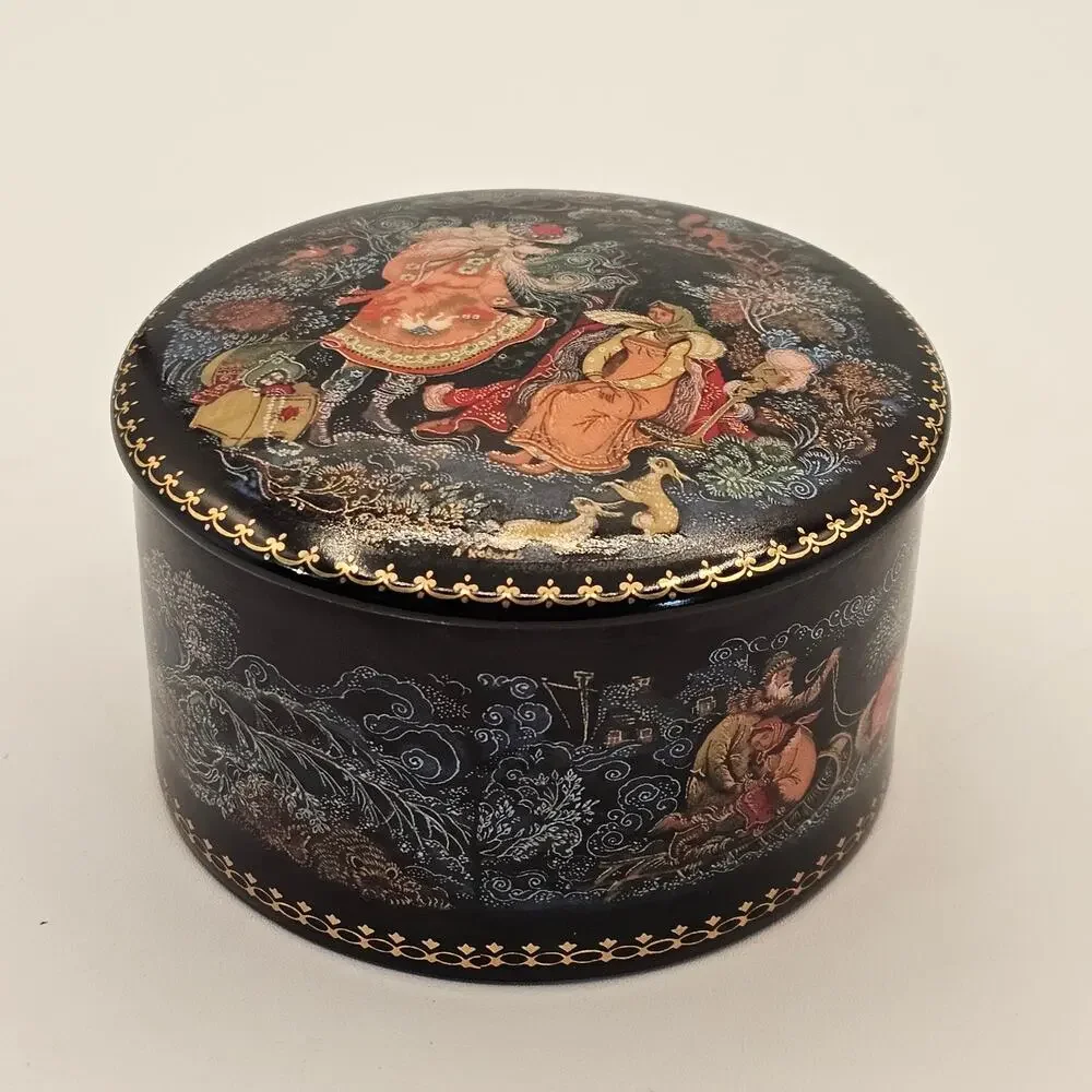 Hand-painted 1990 Traditional Palekh Russian Folklore Trinket Box - Jewelry Box